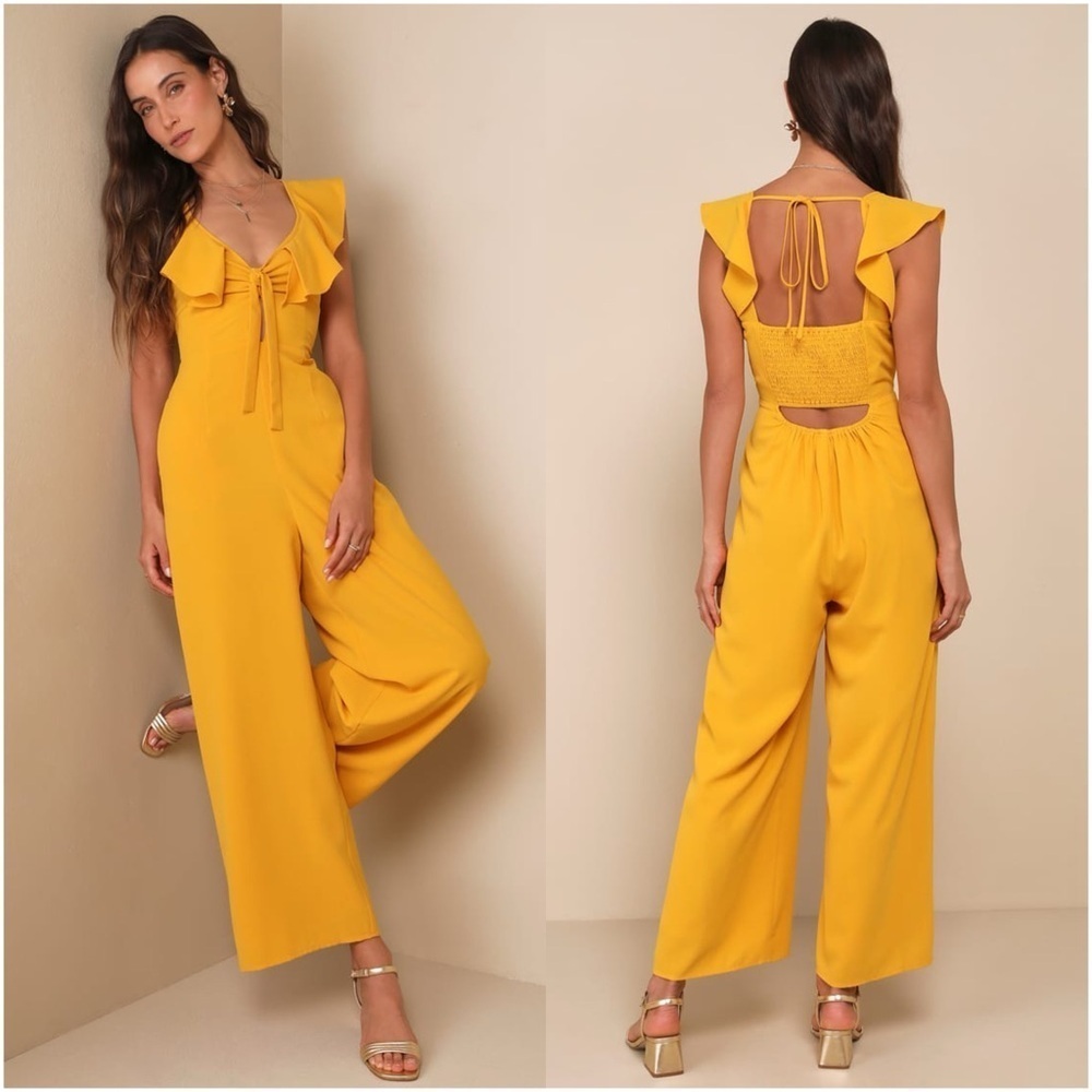 LULU’S Flawless Life Marigold Ruffled Cutout Cropped Jumpsuit